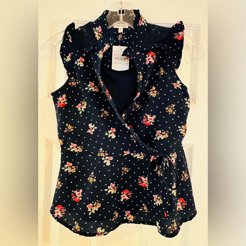 Monteau Navy Blue Floral Rose Dot Lace Bow Ruffle Sheer Peplum Shirt Girl Sz. L